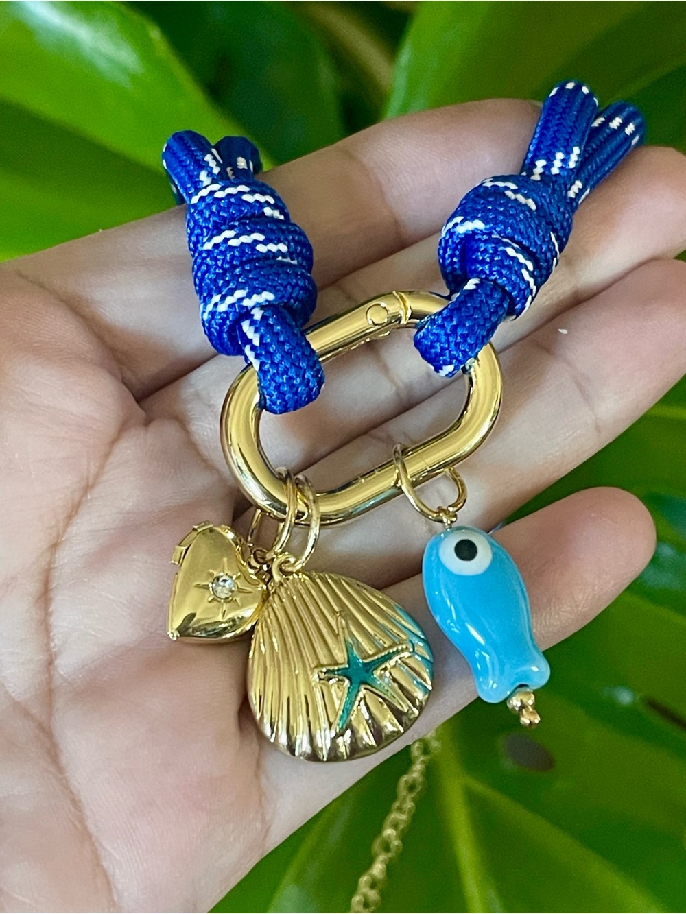 Blue Rope Charm Choker with Gold Shells & Evil Eye Fish